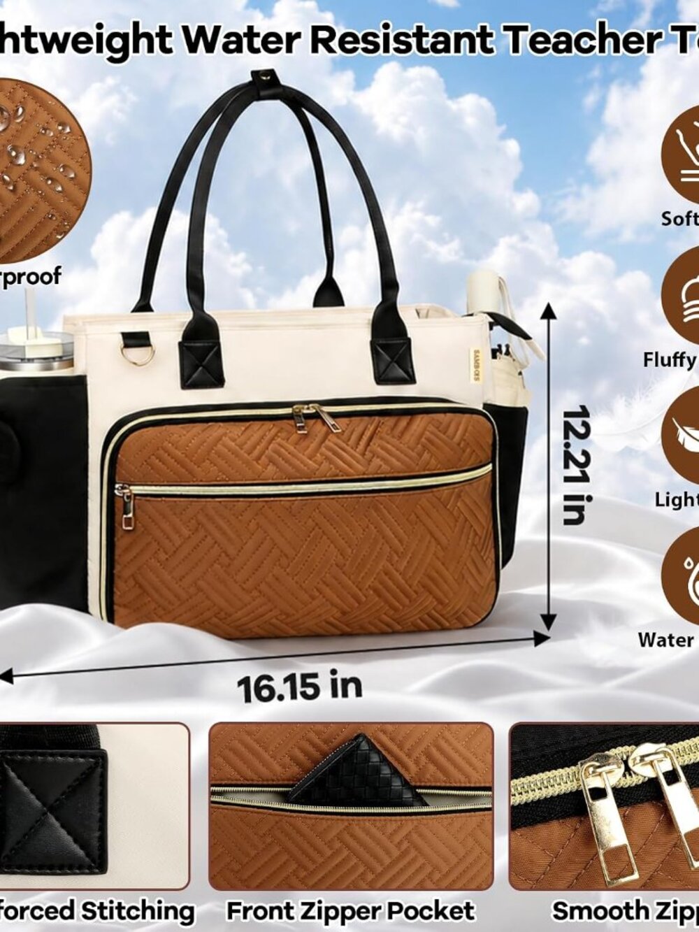 Teacher Tote Bag for Women with Large Cup Holder& 15.6 Inch Laptop Compartment, - Picture 6 of 8